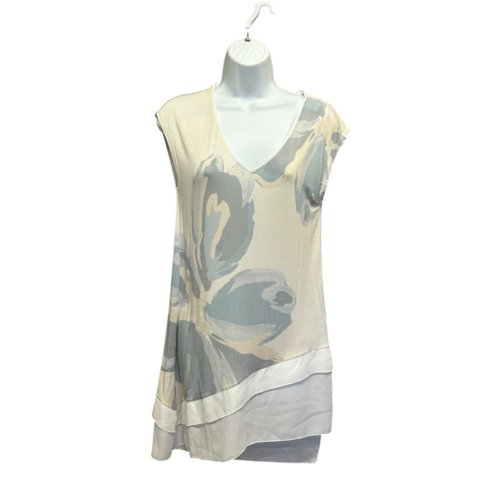 Deletta Anthropologie Gaelle Watercolor Floral Tunic Blue Cream Chiffon Size XS